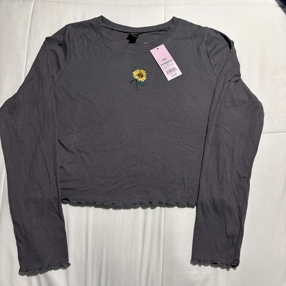 Wild Fable Charcoal Long Sleeve Top with Sunflower Embroidery
